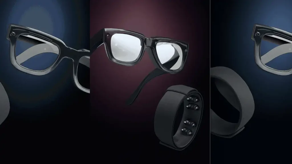 Un render de baja resolución mostrando el diseño de las gafas Meta Celeste, que tienen una montura más gruesa que unas gafas convencionales, junto a la pulsera de control EMG.