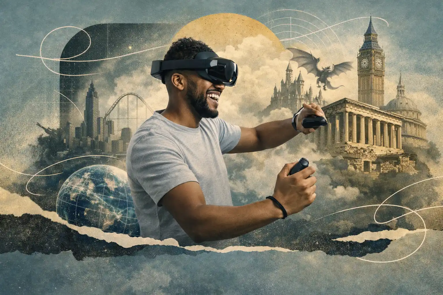 Composición con con una persona usando un visor de realidad virtual como protagonisca.