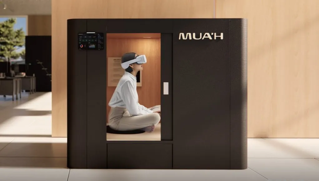 Cápsula MUA'H de NP Inc con auriculares de realidad virtual para meditación en entornos corporativos, presentada en MWC 2026 en Barcelona.