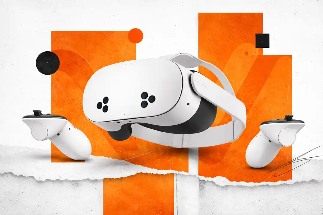 Composición creativa con un visor de realidad virtual Meta Quest como elemento central.