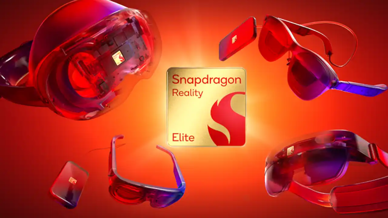 Imagen del chipset Snapdragon Reality Elite de Qualcomm integrado en dispositivo XR, ilustrando rendimiento gráfico avanzado y computación espacial inmersiva.