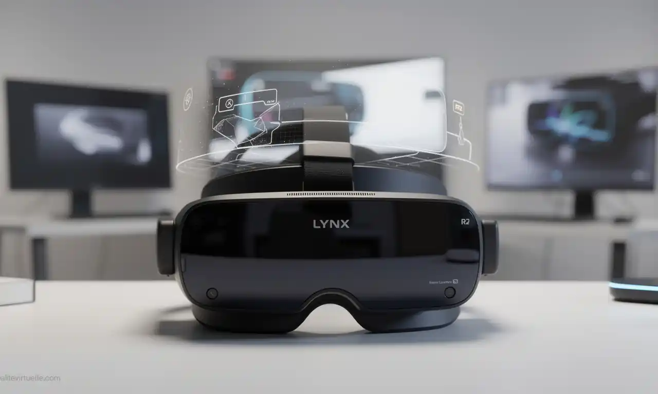 Casco de realidad mixta de la empresa Lynx sobre fondo neutro, símbolo de la absorción de la startup por el gigante óptico EssilorLuxottica