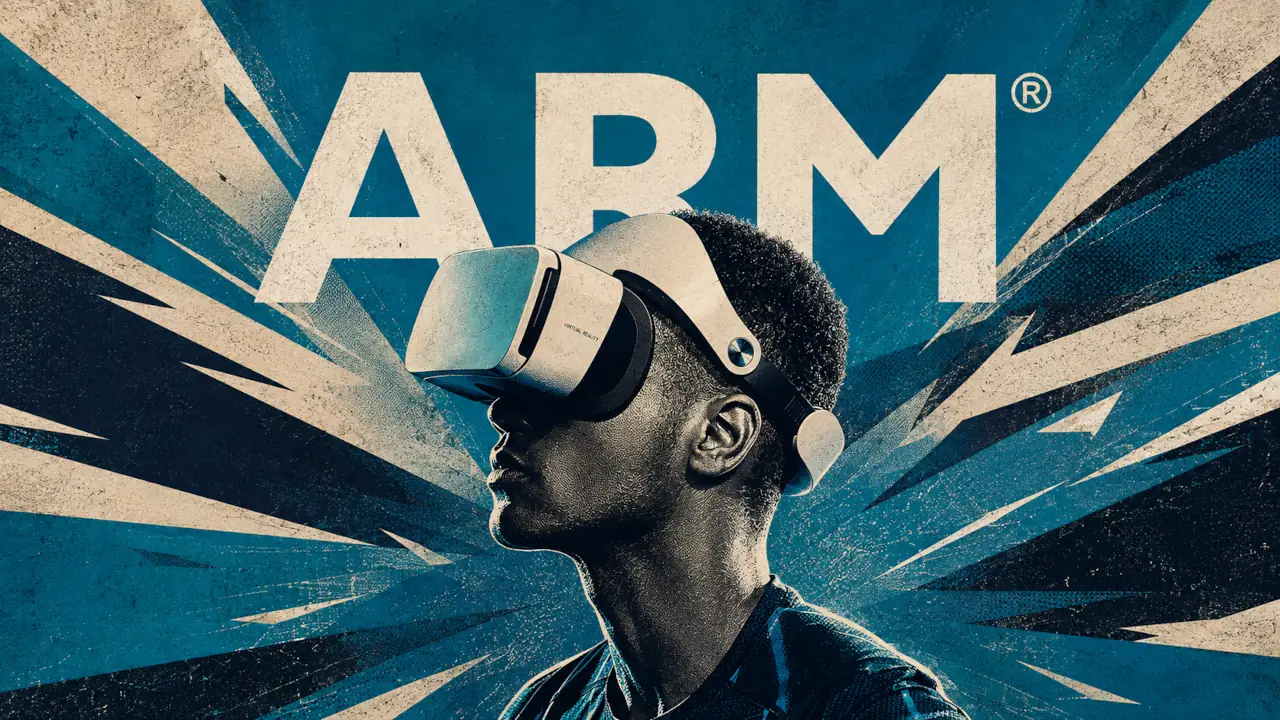 Persona con un casco de realidad virtual con transductores de ultrasonido junto al logotipo de ARM.