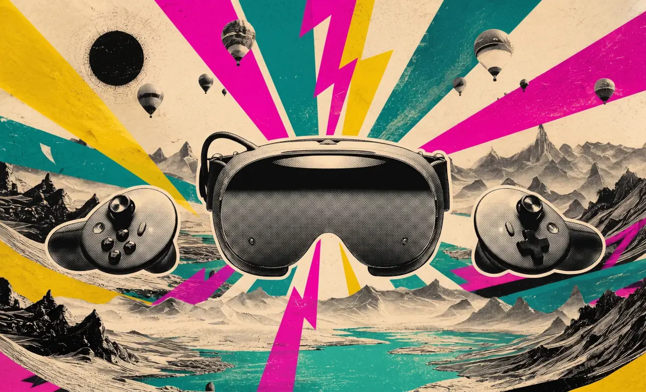 Casco de realidad virtual Steam Frame sobre fondo con colores para enfatizar las capacidades técnicas del nuevo passthrough.