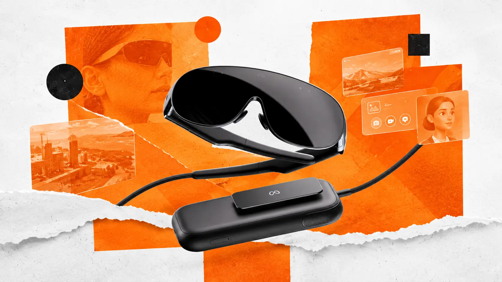 Gafas de realidad virtual Meta VR Glasses de montura fina conectadas por cable a una unidad de computación compacta.