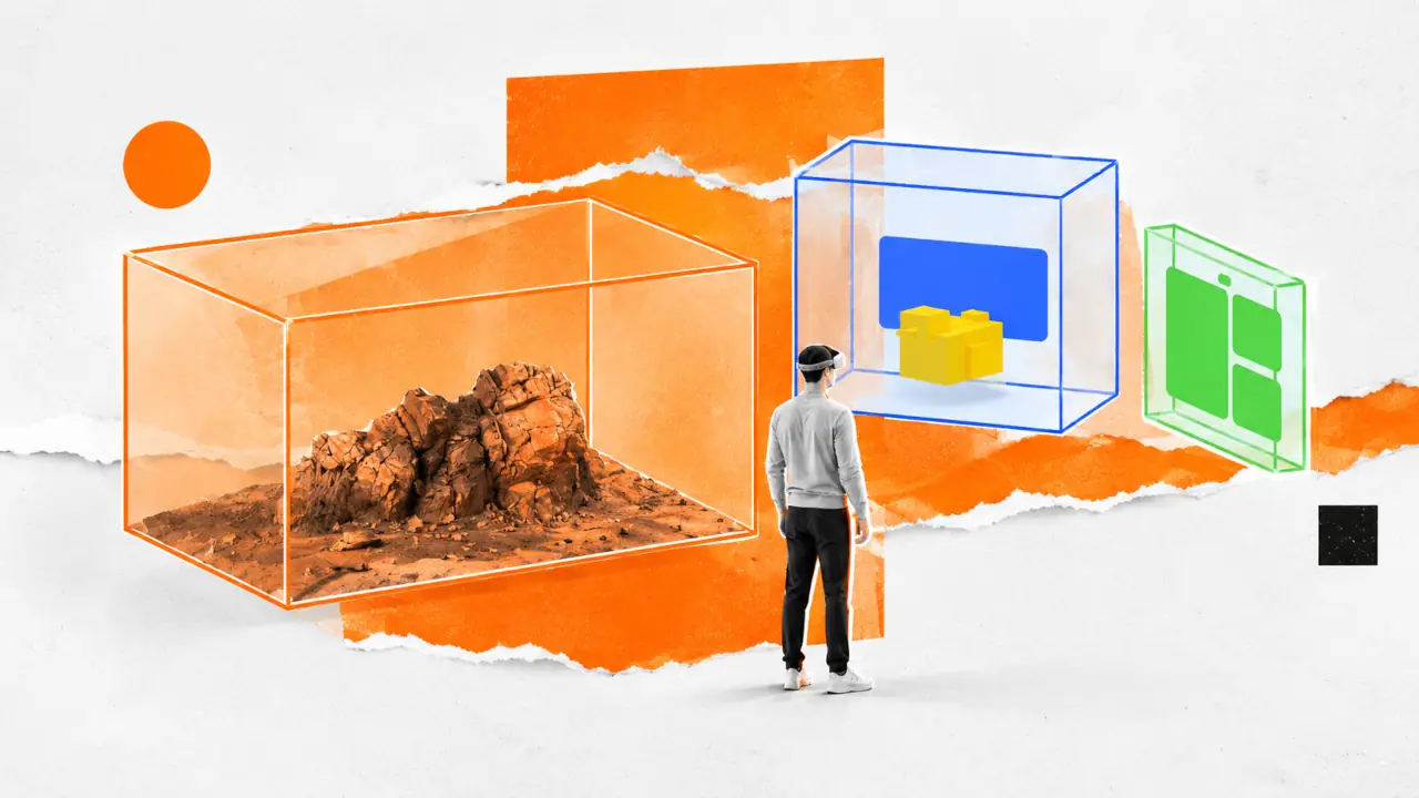 Persona con un visor de realidad virtual rodeada de varias aplicaciones 3D flotando en el espacio a su alrededor gracias a OpenXR.