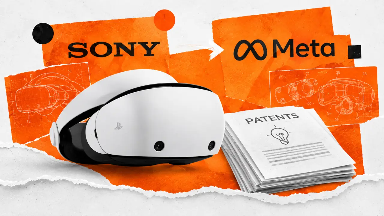 Una imagen propia o de banco de imágenes de un visor de realidad virtual junto a documentación técnica. No usar el logo de Sony ni el de Meta sin comprobar las condiciones de uso de marca.